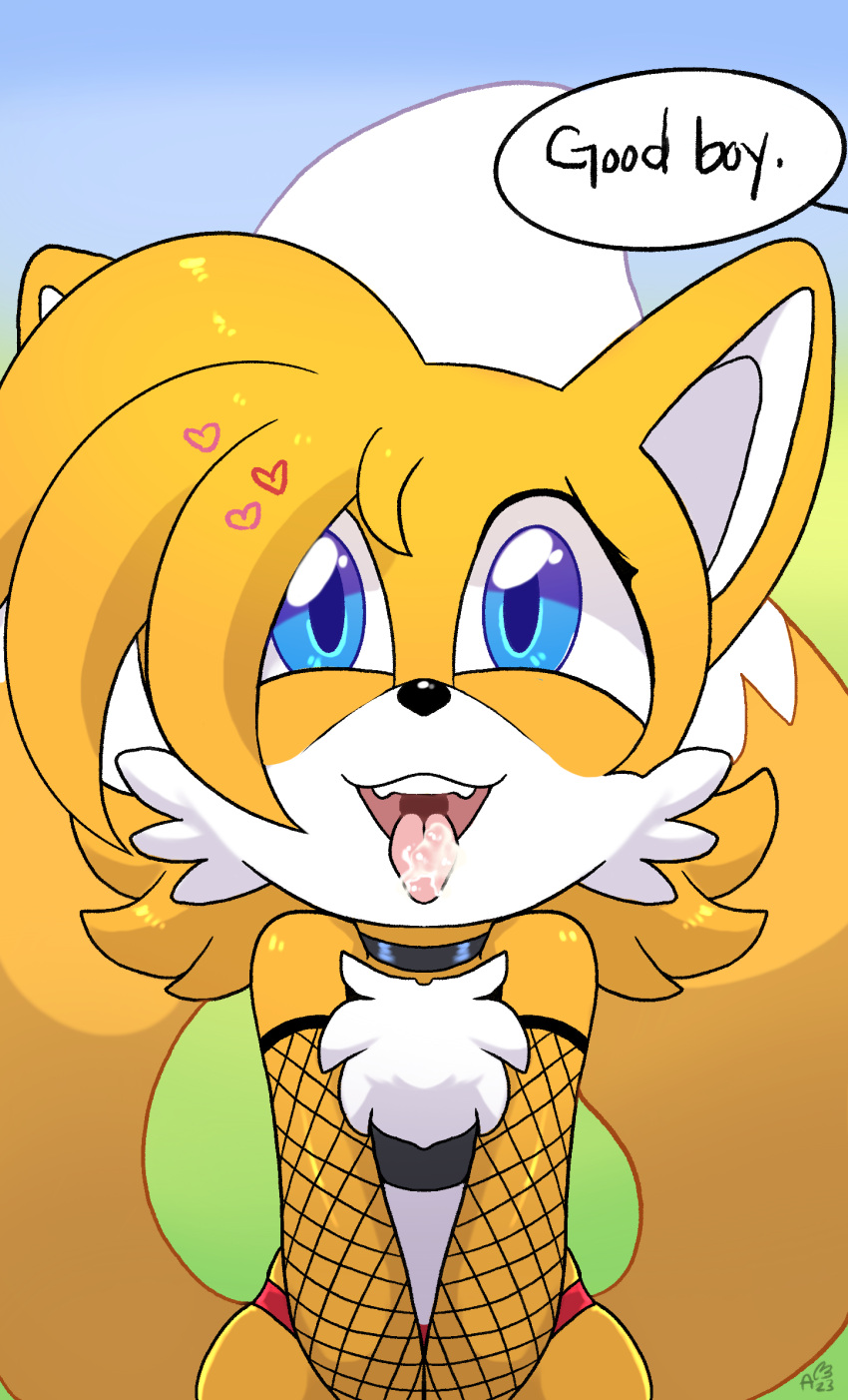 Rule 34 - 1boy 2 Tails Anthro Armwear Bodily Fluids Canid Canine Choker  Clothing Cum Cum On Tongue Dialogue English Text Fishnet Fishnet Armwear  Fox Genital Fluids Heart Hi Res Jewelry Kneeling