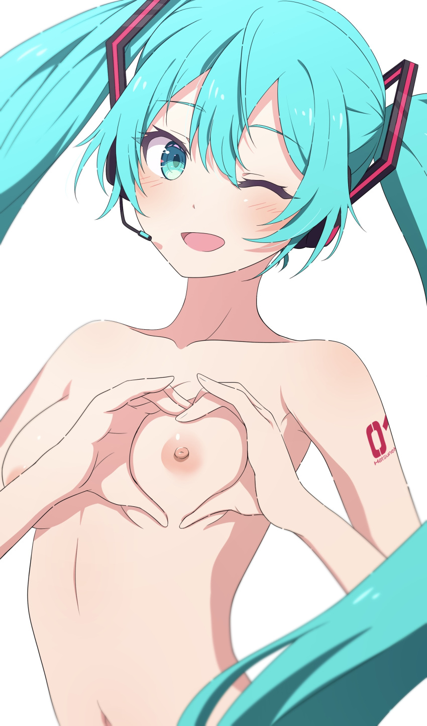 Rule 34 1girls Aqua Eyes Aqua Hair Areolae Bare Shoulders Blush