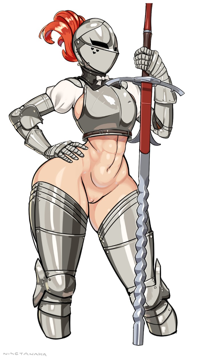 Rule 34 – abs armor armored boots boots cowboy shot female flamberge gauntlets hand on own hip helmet highres holding holding sword holding weapon knight long hair medieval armour muscular muscular female navel nisetanaka orange hair original pussy solo stomach sword thigh boots weapon white background zweihander | 7744648