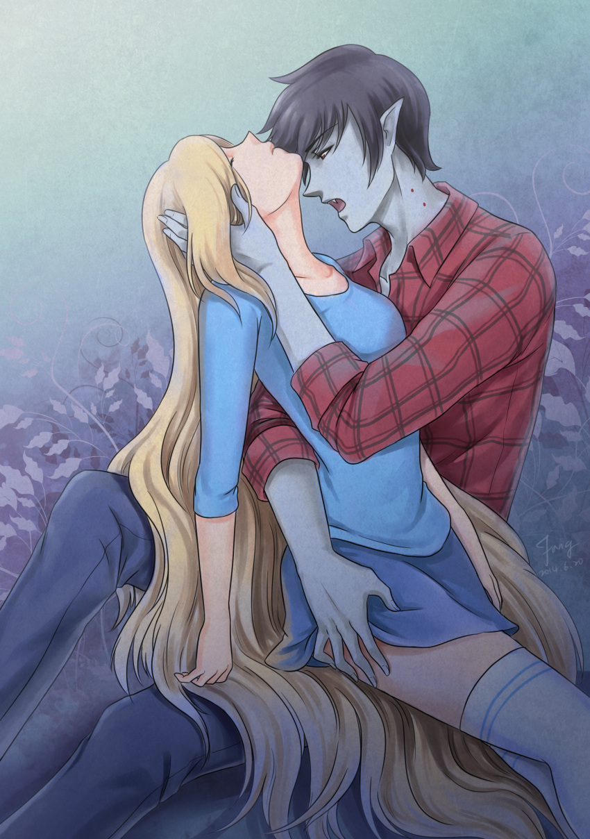 Rule 34 – 1boy 1girls 2014 adventure time anime style arm on breast bigger male biting neck cartoon network cleavage closed eyes duo eyebrows visible through hair fangcovenly fangs feral on human fionna the human girl flower fully clothed hand on thigh head up holding head hugging imminent bite long hair marshall lee outdoors portrait shirt short hair signature sitting on person skirt thighhighs unbuttoned unbuttoned shirt vampire vampire bite | 7761230