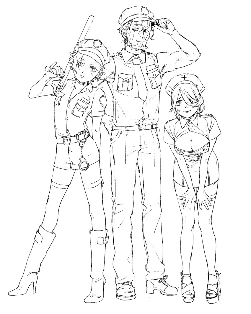 Rule 34 – 1girls 2boys baton beard belaf blush boots cleavage crossdressing embarrassed facial hair female femboy full body fully clothed hair over one eye high heel boots high heels leaning forward line art looking at viewer made in abyss male mature male medium breasts monochrome necojelly nightstick nurse nurse cap nurse uniform police police baton police uniform standing thighhighs twink vueko wavy mouth wazukyan | 7786185