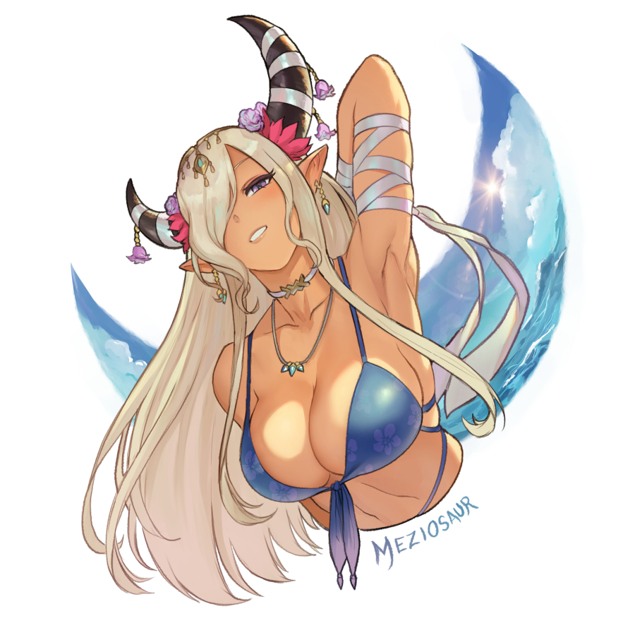 Rule 34 – 1girls alternate costume arm up armpits artist name bikini blonde hair blue bikini breasts choker crescent dark-skinned female dark skin earrings female female female only fire emblem fire emblem engage grey hair horn flower horn ornament horn ribbon horns jewelry large breasts long hair looking at viewer meziosaur necklace nintendo parted lips pointy ears presenting armpit purple eyes ribbon simple background solo stomach swimsuit very long hair white background zelestia (fire emblem) | 7944759
