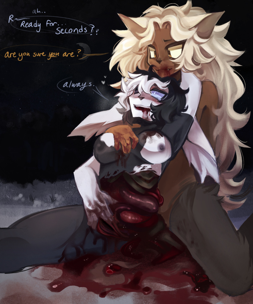 Rule 34 – animal humanoid black and white fur blonde hair blood blood on face blood on hand bluescr33m bodily fluids breasts canid canid humanoid canine canine humanoid canis cannibalism consensual cannibalism dialogue duo female female/female gore guts hair hard vore hi res humanoid lagomorph leporid mammal mammal humanoid moon night nipples organs rabbit rabbit ears smile snow speech bubble star tears tears of pleasure vore willing vore winter wolf wolf humanoid wounded | 7852790