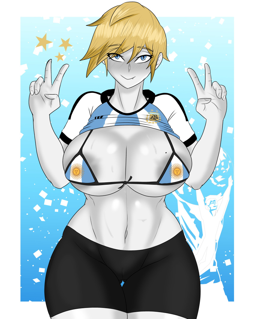 Rule 34 – 1girls argentina argentinian female artist request big breasts bikini blonde hair blue eyes blush character request clothing copyright request eyebrows visible through hair female female only latina legs light blue background short hair simple background star tomboy v white background | 7911187