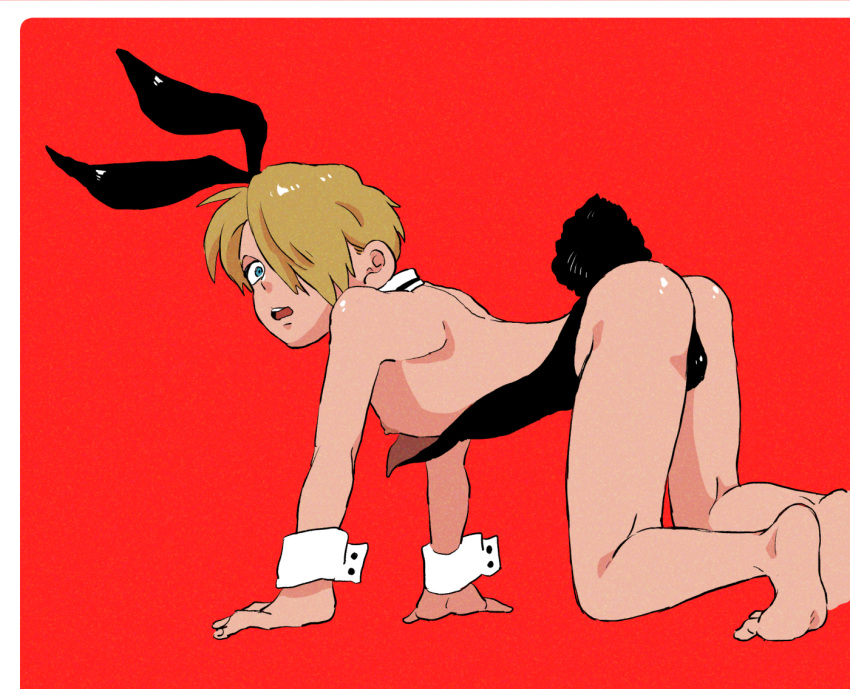 Rule 34 – aged down all fours barefoot blonde hair blue eyes bunny boy bunny ears bunny tail bunnysuit crossdressing full body hair over one eye looking at viewer looking back male male only one piece red background rikako (pixiv) twink vinsmoke sanji wrist cuffs | 7896091