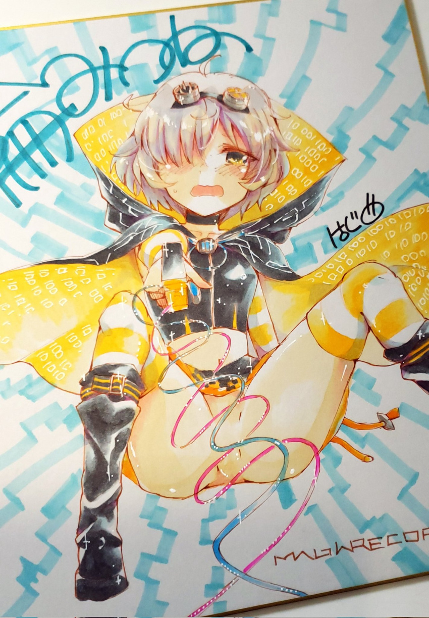 Rule 34 – ahoge binary black choker black cloak black skirt black socks black tube top blue background blush character name choker circuit board print cloak commentary request crying detached sleeves female goggles goggles on head grey hair hair over one eye highres kneehighs knees up leon ahp looking at viewer loose socks magia record: mahou shoujo madoka magica gaiden magical girl mahou shoujo madoka magica midriff miniskirt miwa mitsune mystical high collar navel no panties no pussy one eye covered open mouth orange cloak orange skirt orange sleeves orange thighhighs print cloak shikishi short hair signature sitting skirt socks solo strapless striped striped sleeves striped thighhighs stun gun sweat swept bangs thighhighs traditional media tube top two-sided cloak two-sided fabric two-tone cloak two-tone skirt wavy mouth yellow eyes | 7925676