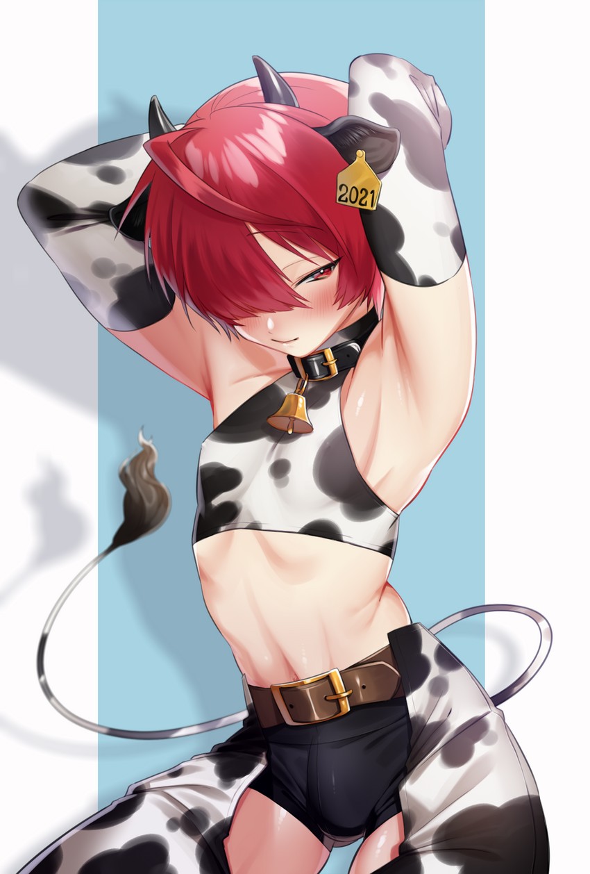 Rule 34 – 1boy ahoge animal ears animal print armpits arms behind back bell belt blush bulge bulge through clothing chaps chinese zodiac collar cow boy cow ears cow horns cow print cow tail crossdressing ear tag elbow gloves fate/grand order fate (series) femboy fuuma kotarou (fate) gloves hair over one eye highres horns male focus male only midriff navel neck bell omiyacha otoko no ko red eyes red hair short shorts shorts smile tail year of the ox | 8137431
