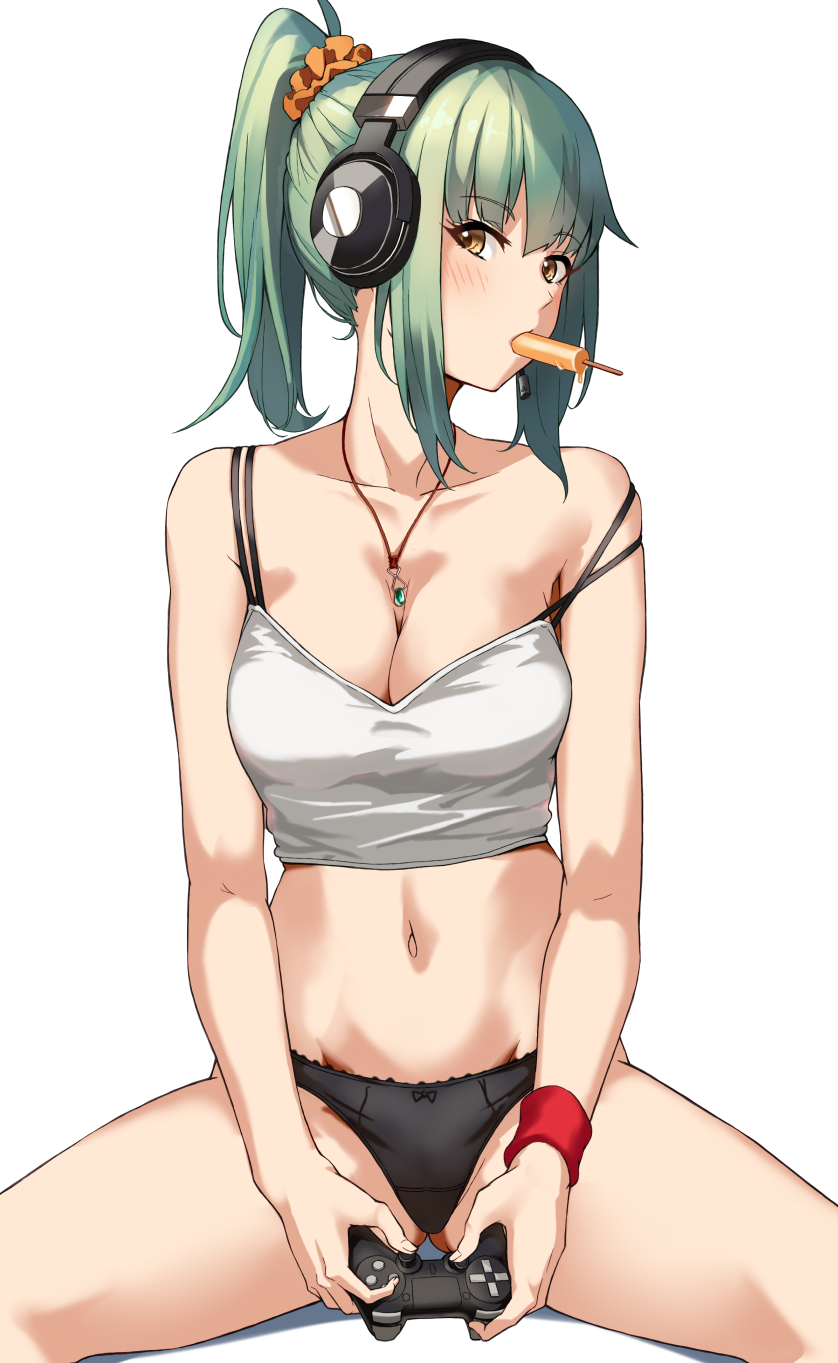Rule 34 – black panties blush breasts brown eyes cleavage controller female food game controller green hair hair ornament hair scrunchie headphones headset highres jewelry kantai collection medium breasts midriff mouth hold navel necklace off shoulder panties ponytail popsicle scrunchie sidelocks simple background sitting solo spread legs tank top underwear white background yashiro (silver will) yuubari (kantai collection) | 8323117