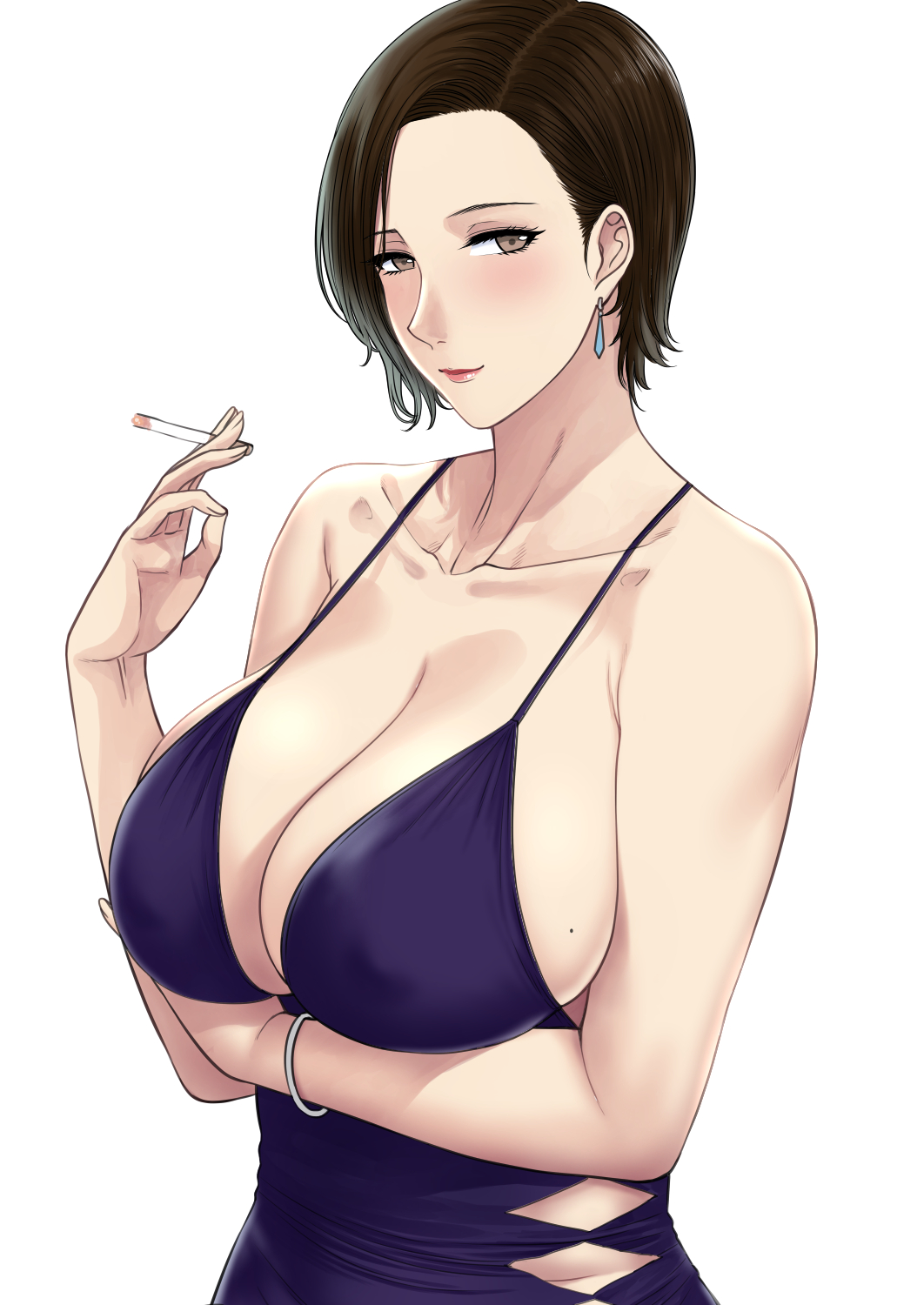 Rule 34 – bare shoulders big breasts bracelet breasts brown eyes cigarette collarbone dark brown hair dress earring female female only looking at viewer short hair smoking xter xtermination | 8187426