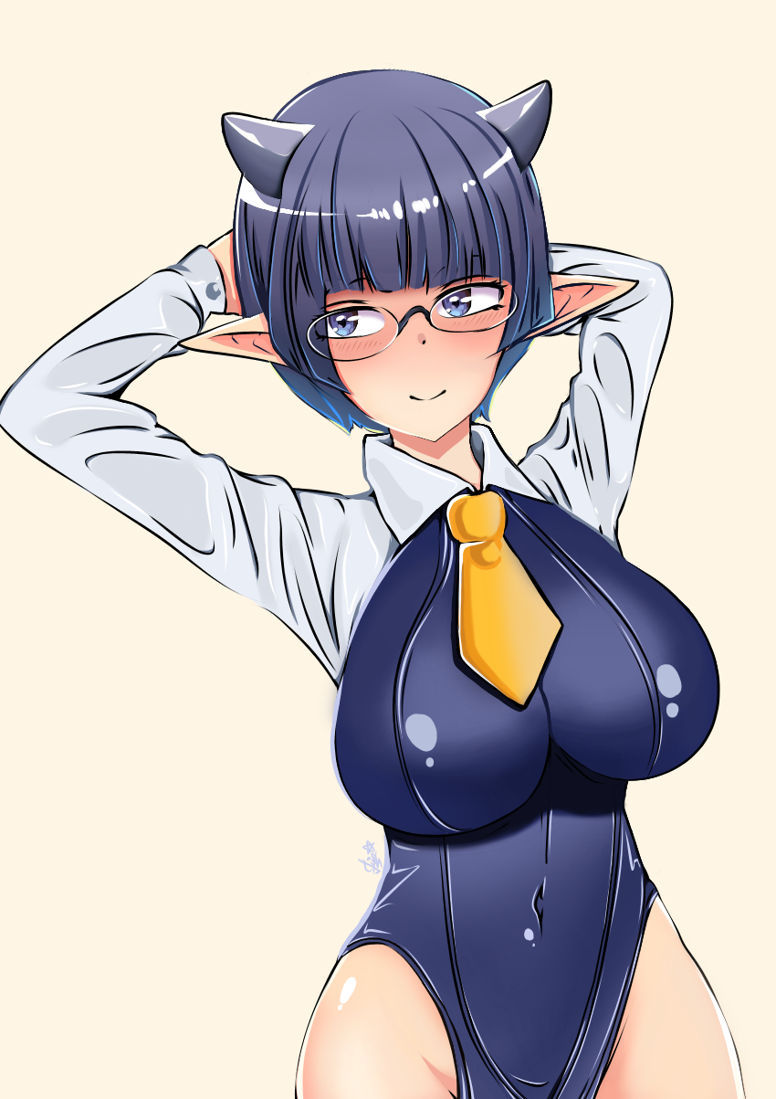 Rule 34 - 1girls Arms Behind Head Big Breasts Blue Eyes Blue Hair Blush  Breasts Busty Covered Navel Demon Girl Demon Horns Glasses Horns Large  Breasts Legs Level 1 Demon Lord And