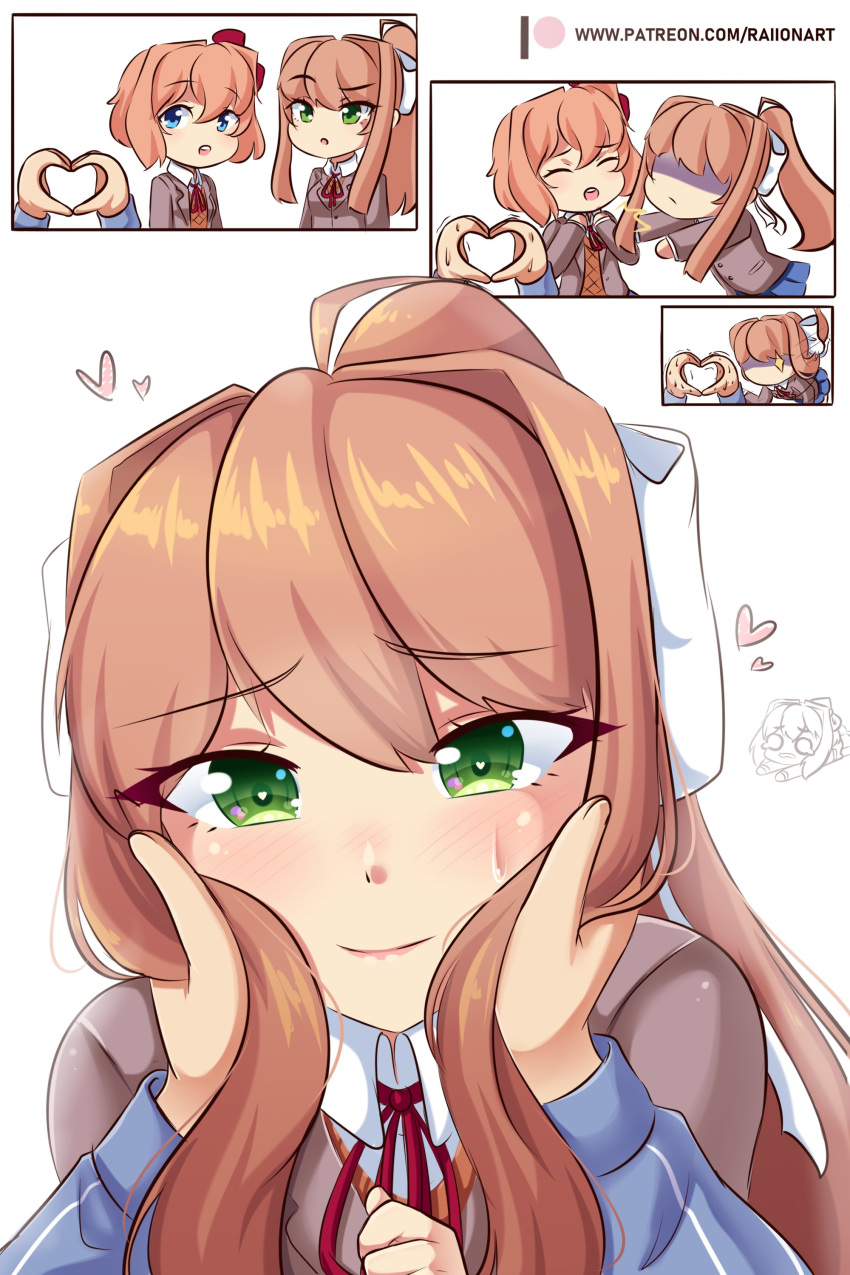 Rule 34 - Adorable Blue Eyes Blush Brown Hair Coral Pink Hair Cute Ddlc  Doki Doki Literature Club Eye Contact Green Eyes Hair Ornament Hair Ribbon  Hand Heart Happy Happy Female Heart