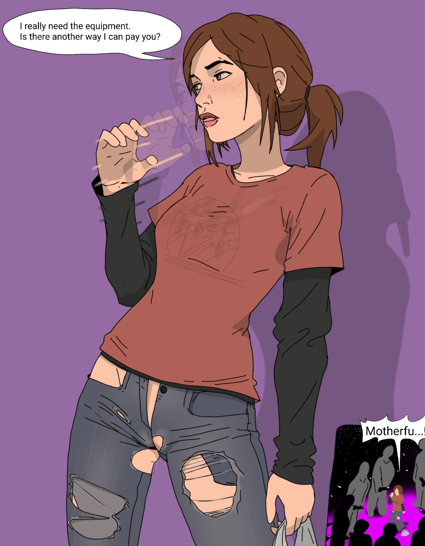 Rule 34 - 1girls Blowjob Face Blowjob Gesture Brown Hair Clothed Clothing  Ellie (the Last Of Us) Ellie Williams English Text Freckles Imminent Oral  Jeans Kneeling Medium Breasts Petite Prostitution Pussy Pussy