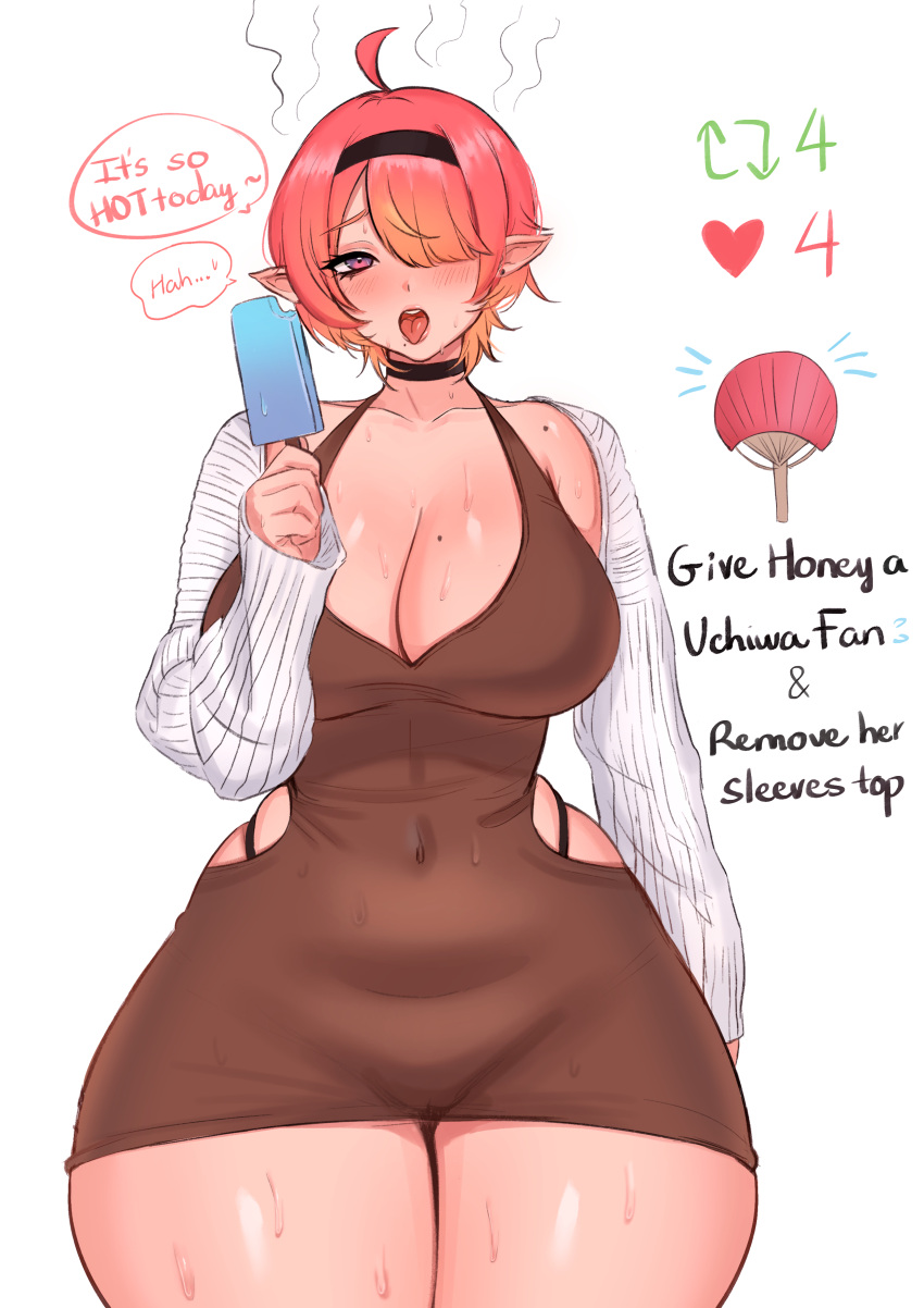 Rule 34 – 1girls ahoge big breasts blush choker cleavage dress elf elf ears elf female english text female female only hair over one eye hairband hand fan highlights (coloring) honey (sren244) hot ice cream legs together looking at viewer medium hair mole mole on breast mole on shoulder open mouth pink eyes pointy ears red hair solo speech bubble sren244 talking to viewer text thick thighs tongue out twitter poll series very high resolution white background wide hips yellow highlights | 8235491