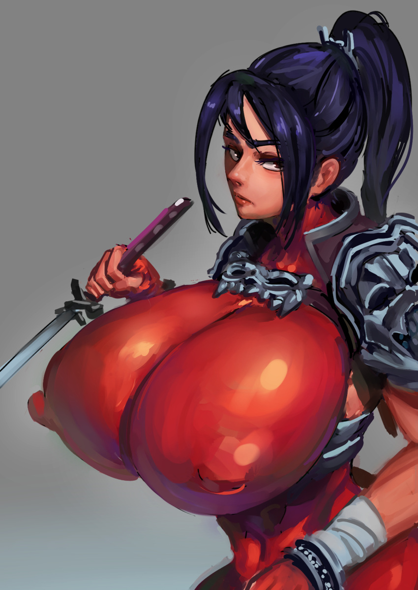 Rule 34 – arm wrap armor bathsalts1 black hair bodysuit breasts covered erect nipples covered navel female grey background highres holding holding weapon huge breasts katana looking to the side pauldrons ponytail red lips shoulder armor sketch solo soul calibur sword taki upper body wakizashi weapon | 8233218