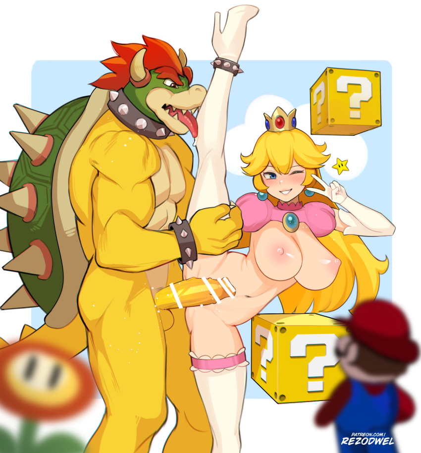 Rule 34 – 2boys ? block artist name bar censor blonde hair blurry blurry foreground blush bowser bracelet breasts censored crown elbow gloves erection feet out of frame female fire flower foot out of frame gloves grin hat highres jewelry large areolae large breasts legs long hair mario mario (series) multiple boys navel netorare nipples one eye closed open mouth patreon username penis princess peach red hair red headwear rezodwel sharp teeth smile spiked anklet spiked bracelet spikes split standing standing on one leg standing split straight super star (mario) teeth thighhighs turtle shell v white gloves white thighhighs | 8421671
