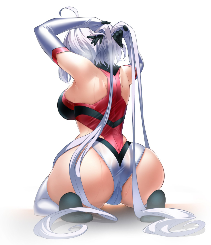 Rule 34 – ahoge ass bare shoulders black bodysuit bodysuit breasts cameltoe elbow gloves female from behind gloves grey hair highres large breasts long hair nyanmaru red bodysuit seiza senki zesshou symphogear sitting solo sweat thighhighs tying hair very long hair white background white gloves white thighhighs yukine chris | 8452648
