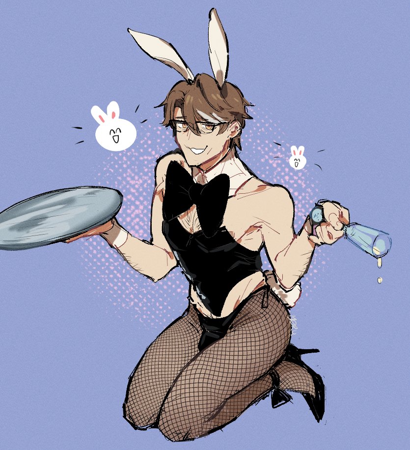 Rule 34 – bowtie brown hair bulge bunny ears bunny tail bunnysuit chest hair cuffs (clothing) cup fishnet stockings fishnets glasses high heels honkai: star rail honkai (series) male only plate smirk smirking smirking at viewer stockings welt yang (honkai: star rail) yellow eyes | 8558336