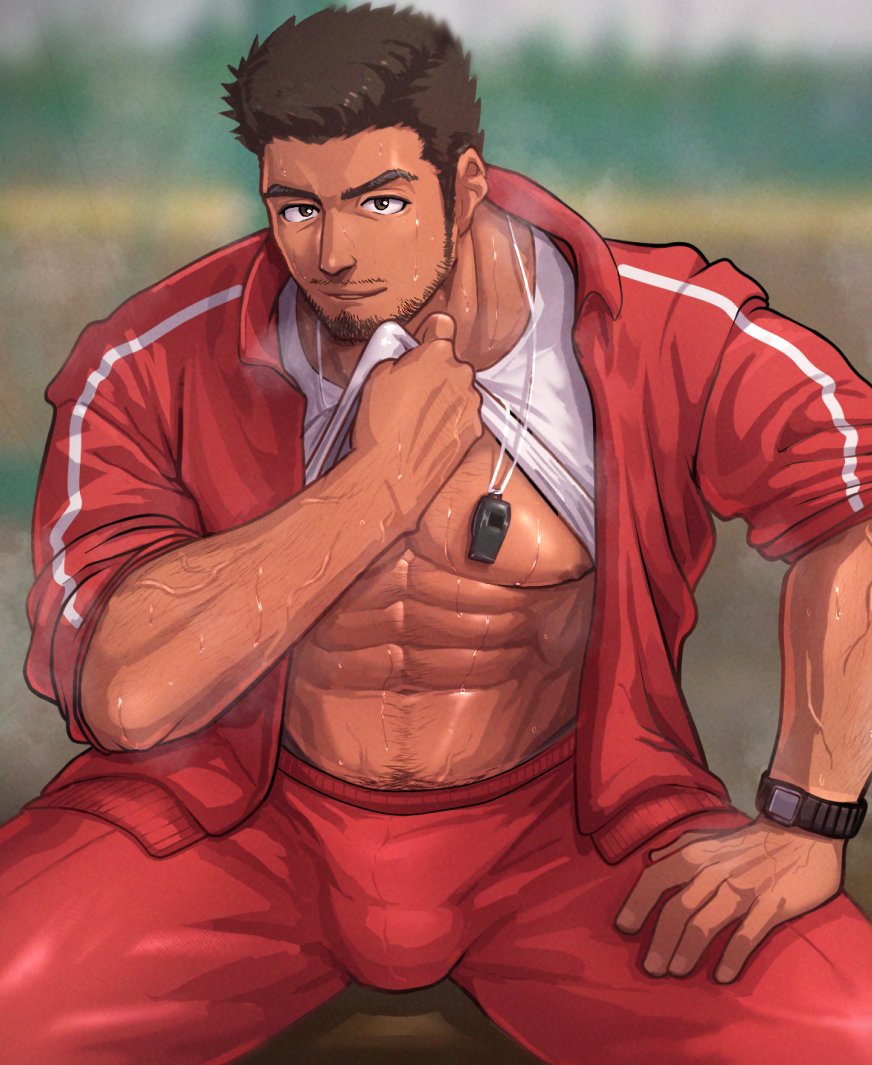 Rule 34 – abs beard brown hair bulge bulge through clothing coach fully clothed funa (artist) gym clothes gym uniform hand on thigh jacket lifting shirt looking at viewer male male only muscular male pov shirt lift smiling smiling at viewer solo solo male suggestive look sweat sweating trainer underpec veins veiny arms whistle(object) whistle around neck | 8347300