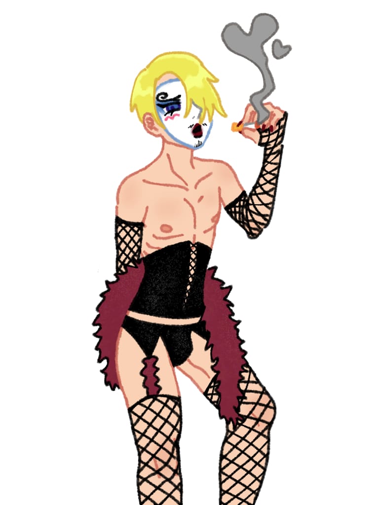 Rule 34 – 1boy mimama69 blonde hair blue eyes blue eyeshadow bulge cigarette corset crossdressing eyelashes face paint facial hair feather boa fishnets garter belt laced corset makeup male only one piece red lipstick rocky horror picture show smoking solo vinsmoke sanji | 8644863