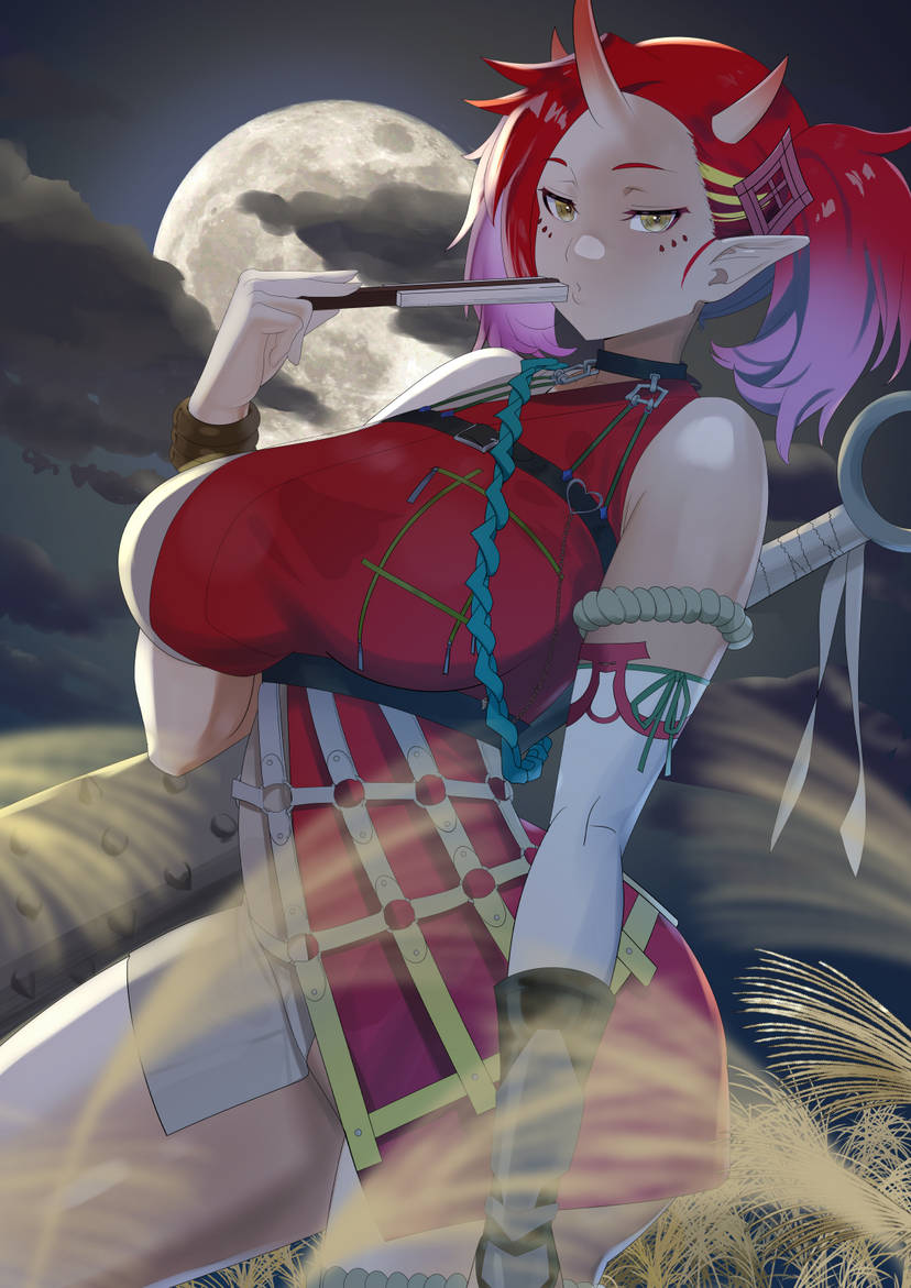 Rule 34 - 1girls Big Breasts Club (weapon) Demon Demon Girl Female Only  Japanese Mythology Looking At Viewer Monster Monster Girl Moon No Sex Oni  Oni Horns Original Character Red Hair Remomon