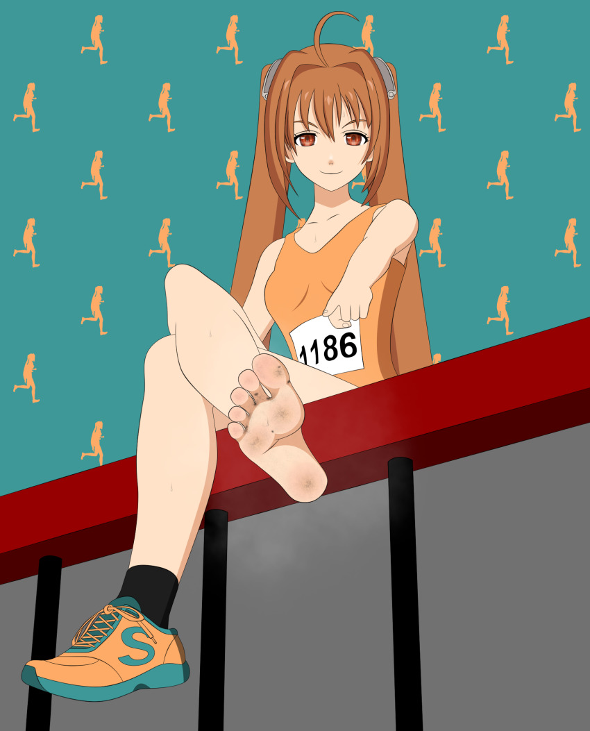 Rule 34 – ahoge ankle socks anklehighs artist request barefoot black legwear black socks blue footwear brown eyes brown hair collarbone crossed legs dirty dirty feet eiyuu densetsu estelle bright falcom feet hair intakes highres logo looking at viewer multicolored footwear on railing orange footwear orange shirt pointing pointing at viewer railing shirt shoes shoes removed single shoe sitting sleeveless smell smile sneakers socks socks removed soles sora no kiseki steam sweat tank top track and field track uniform | 8244764