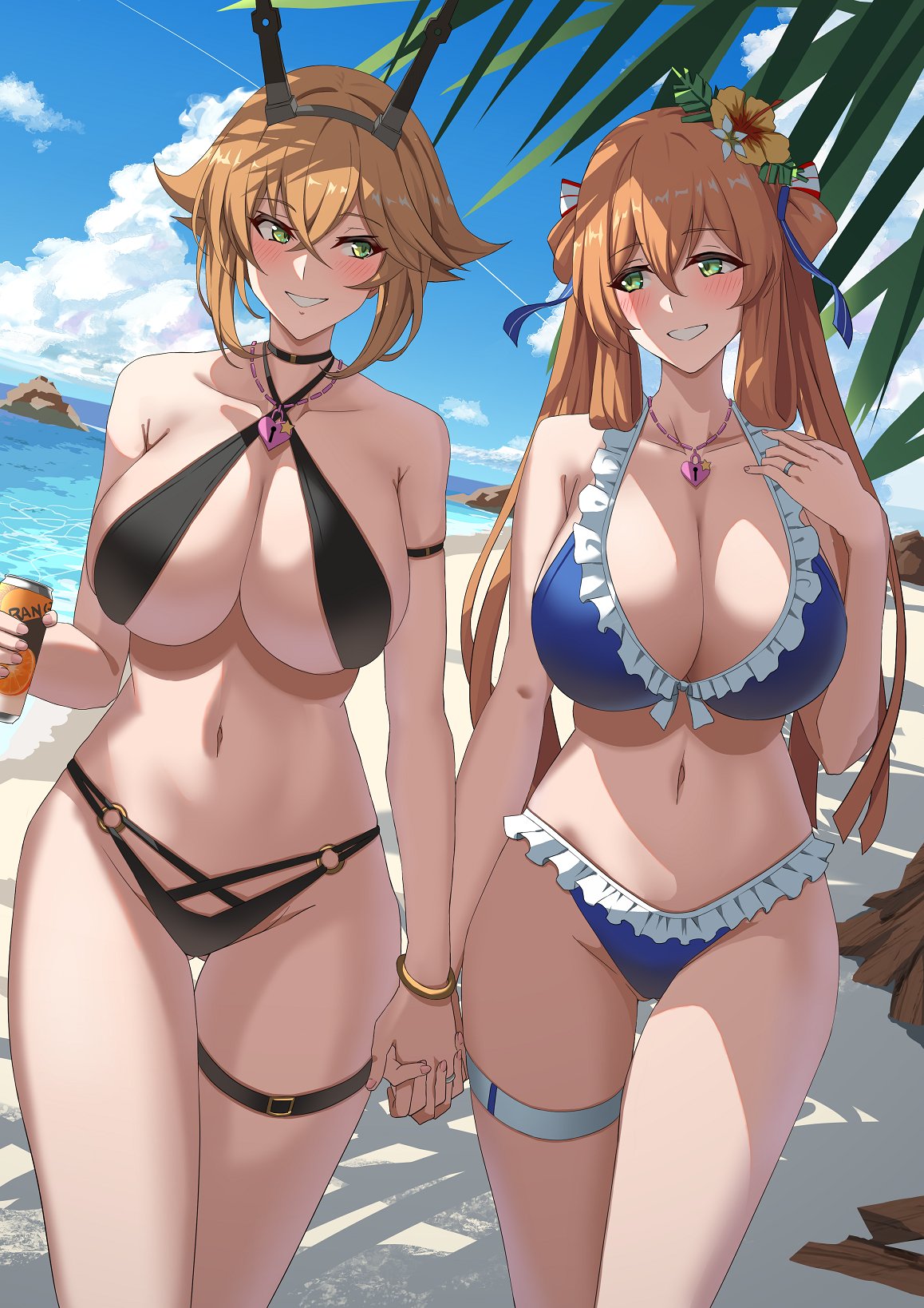 Rule 34 – 2girls beach bikini black bikini blue bikini blush breasts brown hair can choker cleavage criss-cross halter flower frilled bikini frills girls’ frontline green eyes grin hair flower hair ornament halterneck headgear heart lock (kantai collection) highres holding holding can holding hands huge breasts jewelry kantai collection large breasts long hair multiple girls mutsu (kantai collection) necklace outdoors ring second-party source short hair smile springfield (girls’ frontline) swimsuit thigh strap twintails walking wedding ring yashiro (silver will) yuri | 8382378
