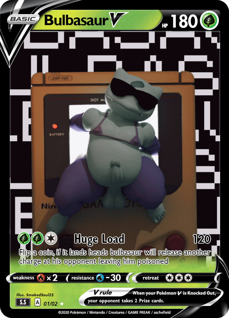 Rule 34 – 3d (artwork) anthro bulbasaur card clothed clothing digital media (artwork) elemental creature english text erection eyewear feral flora fauna game boy game boy console game boy family game console generation 1 pokemon genitals looking at viewer male nintendo nintendo console penis plant playing card pokemon pokemon (species) pokemon card pose scalie smokedsoul35 solo sunglasses text thick thighs trading card trading card game wide hips | 8629182