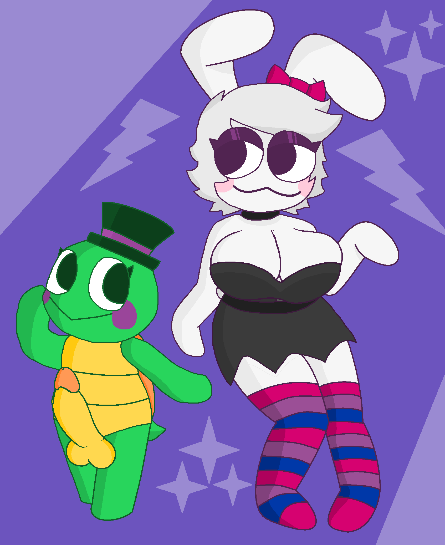 Rule 34 – 1boy1girl 1girl1boy big breasts big eyes bisexual (female) bisexual pride colors black choker black neckwear blush cleavage edit erection eyelashes eyelashes visible through hair green skin grey dress no bra no fingers no hair no toes overflowing breasts penis pink blush pink bow purple blush purple eyelids rabbit ears rabbit tail slinky smile thighhighs thighs top hat turtle turtle shell turtle tail w mouth white fur white hair wide eyed yellow penis | 8570121