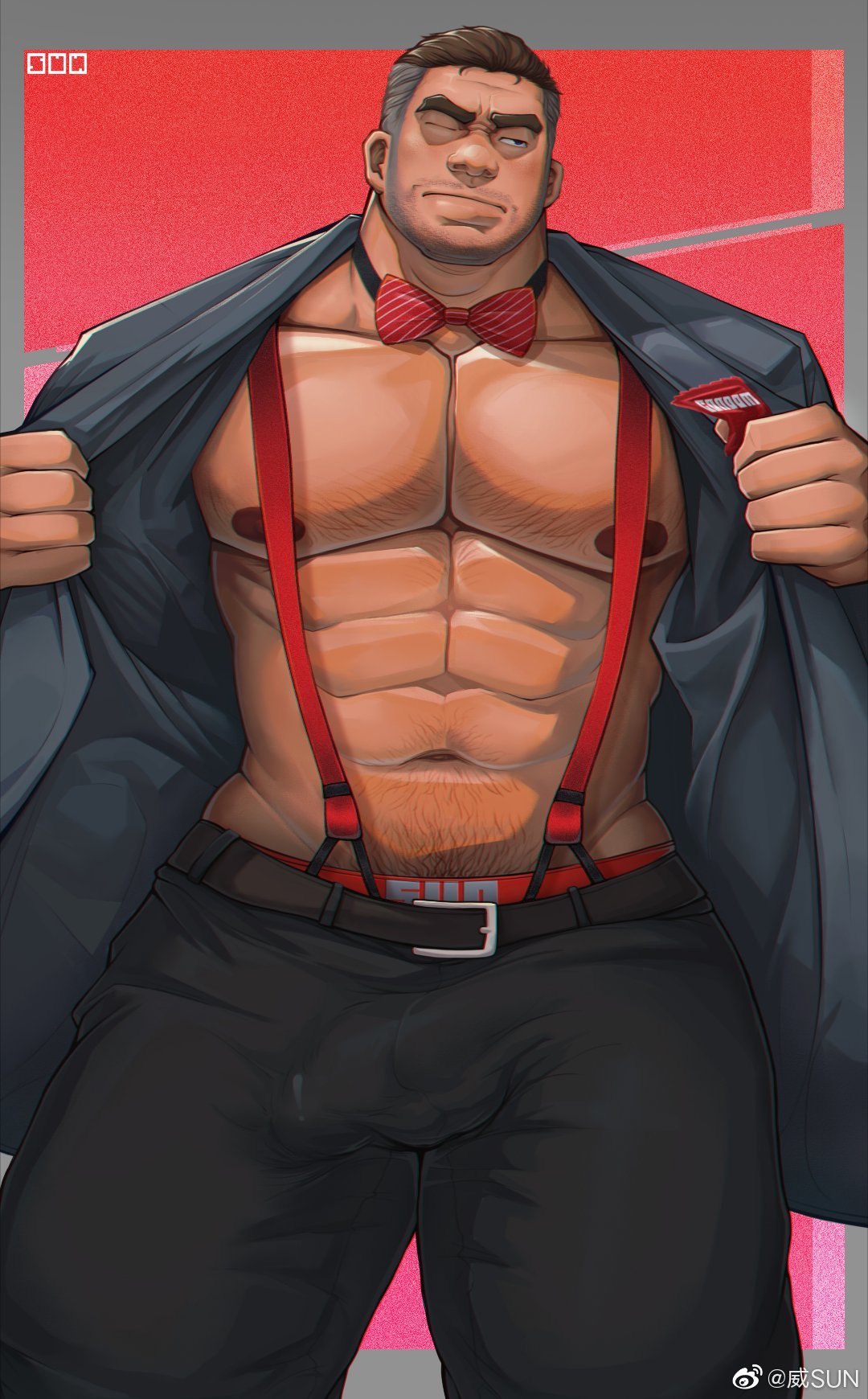 Rule 34 – 1boy abs averting eyes bara bare pectorals beard stubble bow bowtie bulge covered penis dark-skinned male dark skin erection erection under clothes feet out of frame groin highres jacket large areolae large pectorals male focus male underwear male underwear peek mature male muscular muscular male mustache stubble navel navel hair nipples no shirt open clothes open jacket original pectorals precum precum through clothes red bow red bowtie short hair shy solo sparse chest hair stomach strongman waist suit jacket superman exposure thick eyebrows thick thighs thighs underwear weisun (leoooliooon) | 8478423