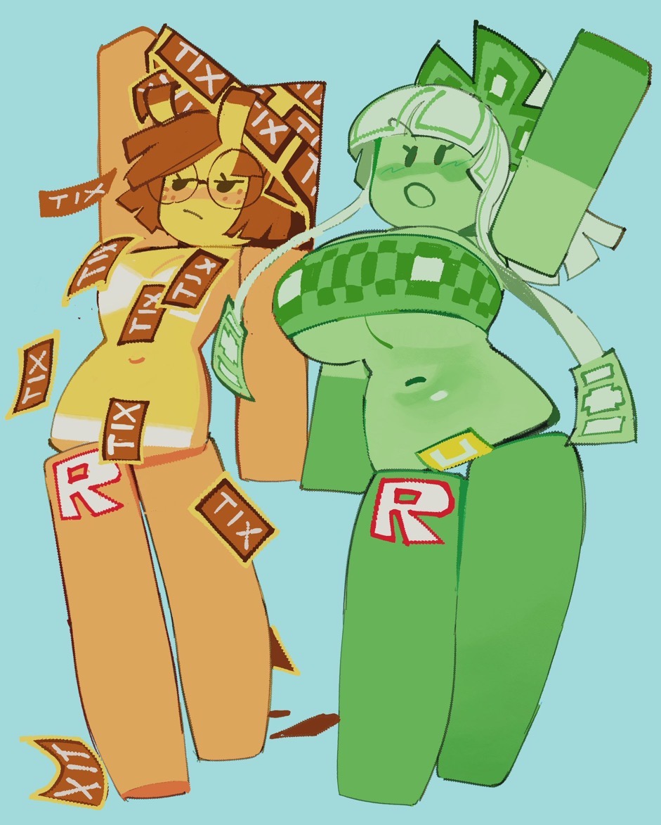 Rule 34 - 2girls Ass Big Breasts Bikini Breasts Butt Female Female Only  Freckles Glasses Green Body Green Skin Light Blue Background Navel Roblox  Robux Small Breasts Tagme Tickets (roblox) Wamudraws Waving