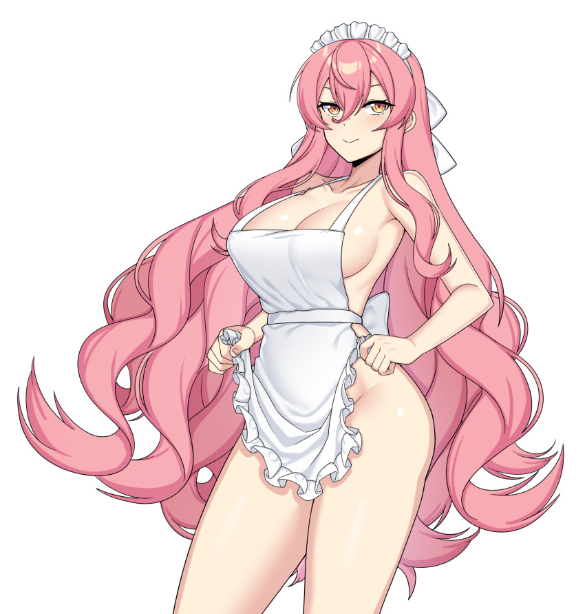 Rule 34 – apron apron hold ass bare arms bare legs bare shoulders blacha (dkskek157) breasts cleavage closed mouth collarbone constricted pupils counter:side cowboy shot female forehead frilled apron frills hair between eyes hair ornament highres holding large breasts long bangs long hair maid headdress naked apron pink hair sideboob simple background smile solo standing thighs veronica (counter:side) very long hair white apron white background white headdress yellow eyes | 8696835