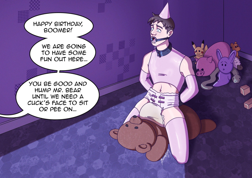 Rule 34 – 1boy boomersm collar cuckold dialogue diaper gag gagged humping humping plushie latex latex clothing latex thighhighs male offscreen characters open mouth open mouth gag plushie restrained arms wet diaper | 8602570