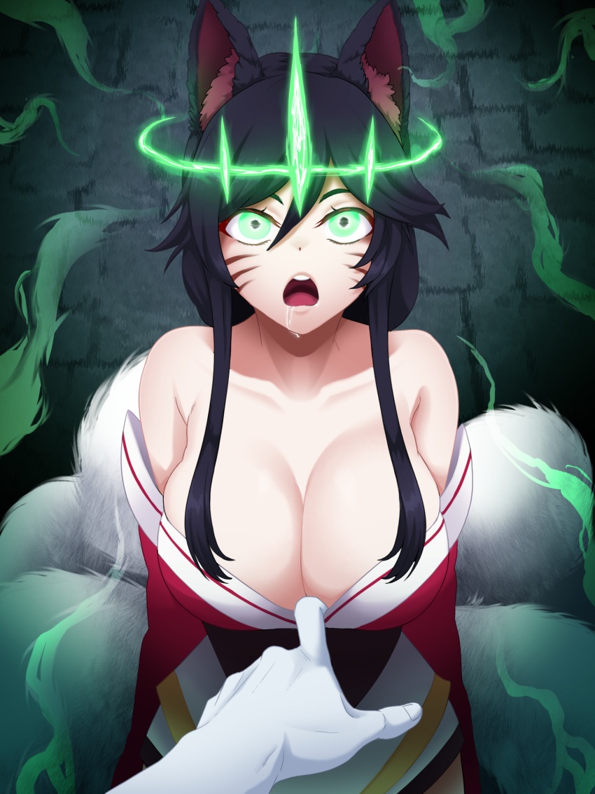 Rule 34 - 1boy 1girl Ahri Black Hair Cleavage Drooling Female Fox Ears Fox  Tail Glowing Eyes Green Eyes Huge Breasts Incognigoat Kitsune League Of  Legends League Of Legends: Wild Rift Mind