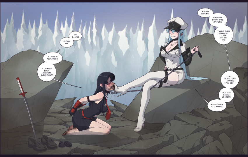 Rule 34 – absolute territory akame (akame ga kill!) akame ga kill! begging begging for mercy black fingernails black toenails bondage boot fetish boot worship boots cleavage clothed female collar crying with eyes open defeated defeated heroine dialogue dirty shoes drooling esdeath (akame ga kill!) feet femdom foot fetish foot in face foot worship high heel boots kneeling leash leash pull lezdom licking boot military hat military uniform miniskirt saliva side view tears text thigh boots thighhighs thighs torn clothes wtfeather yuri | 8577629