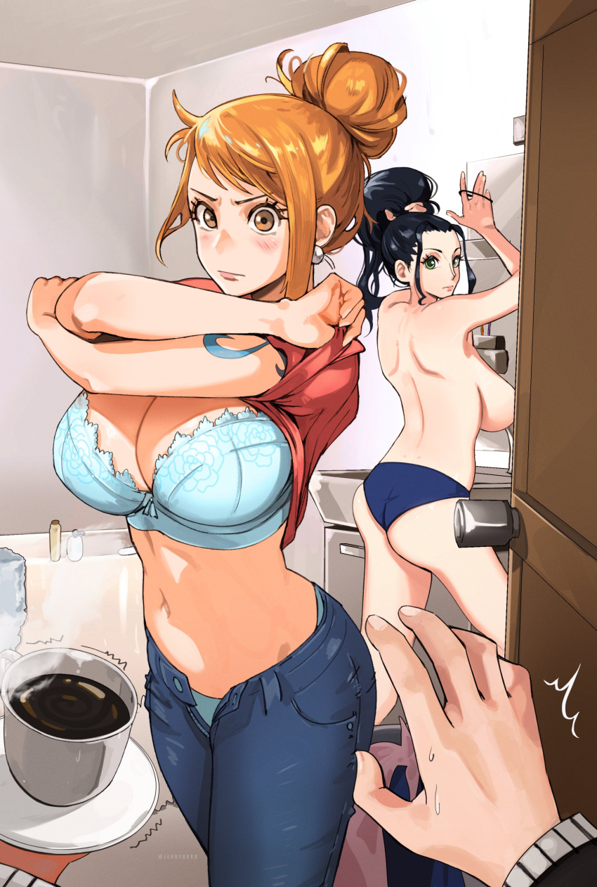 Rule 34 – 1boy 2girls absurdres bathroom black hair breasts coffee coffee mug cup doorknob english commentary highres holding holding plate jerrydurd large breasts looking at viewer mug multiple girls nami nami (one piece) nico robin one piece opening door orange hair plate post-timeskip pov surprised topless tying hair undressing updo vinsmoke sanji | 8468222