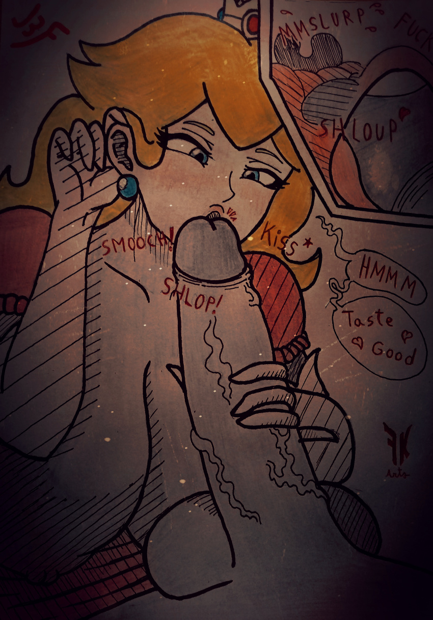 Rule 34 – 1boy 1girls big penis blonde hair blowjob blue earrings breasts breasts out crown dialogue dress earrings english text female freddyker glans glansjob huge cock kiss large balls large breasts licking licking glans long hair looking at penis male mario (series) nintendo nipples oral penis penis kiss princess peach speech bubble text text bubble traditional media (artwork) unseen male face vein veins veins on dick veiny penis vignette x-ray xray view | 7875501