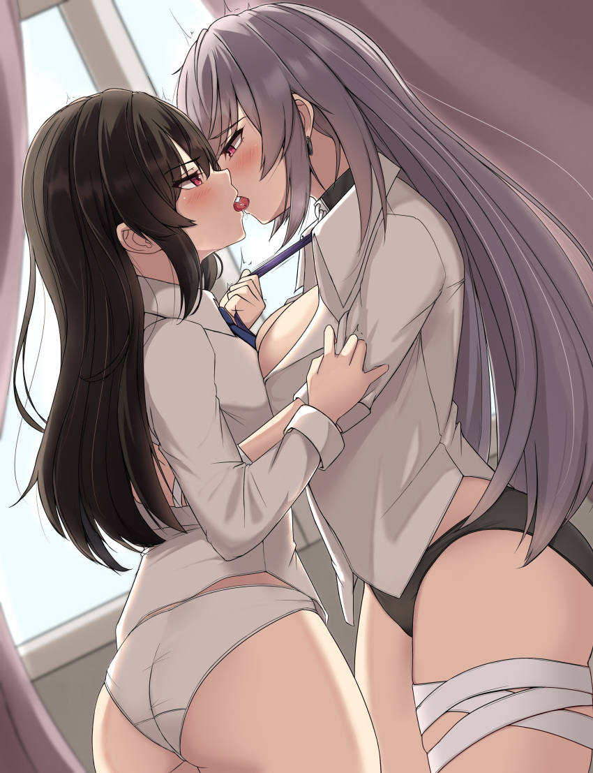 Rule 34 – 2girls absurdres ass bandaged leg bandages black hair black panties blush breast press breasts cleavage counter:side curtains eujin french kiss grey hair highres hug kissing large breasts long hair long sleeves medium breasts multiple girls necktie necktie grab neckwear grab panties pink eyes sseong underwear white panties window xiao lin (counter:side) yuri | 8711979