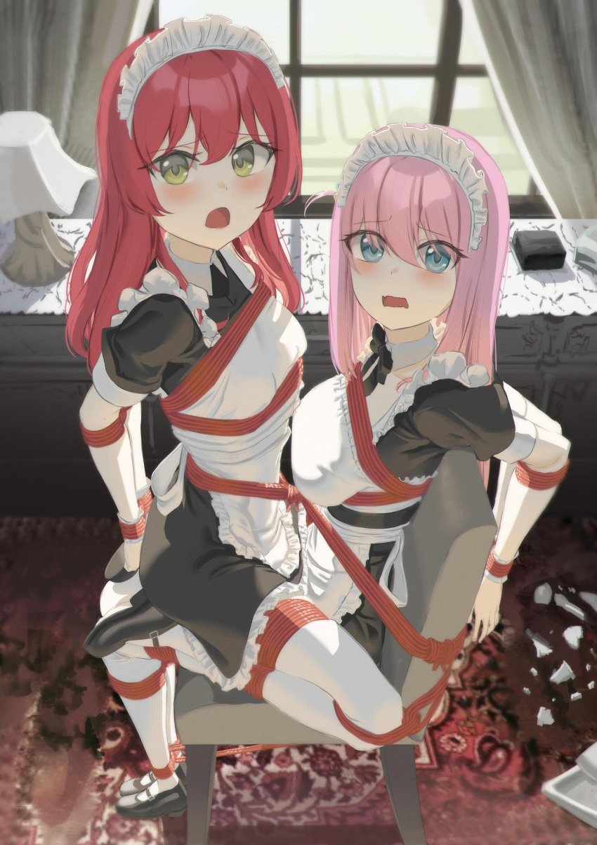 rule 34 2girls anime arms behind back big breasts blush bocchi the rock bondage bowtie broken object cailin020 chair bondage frogtie gotou hitori green eyes in lap kita ikuyo