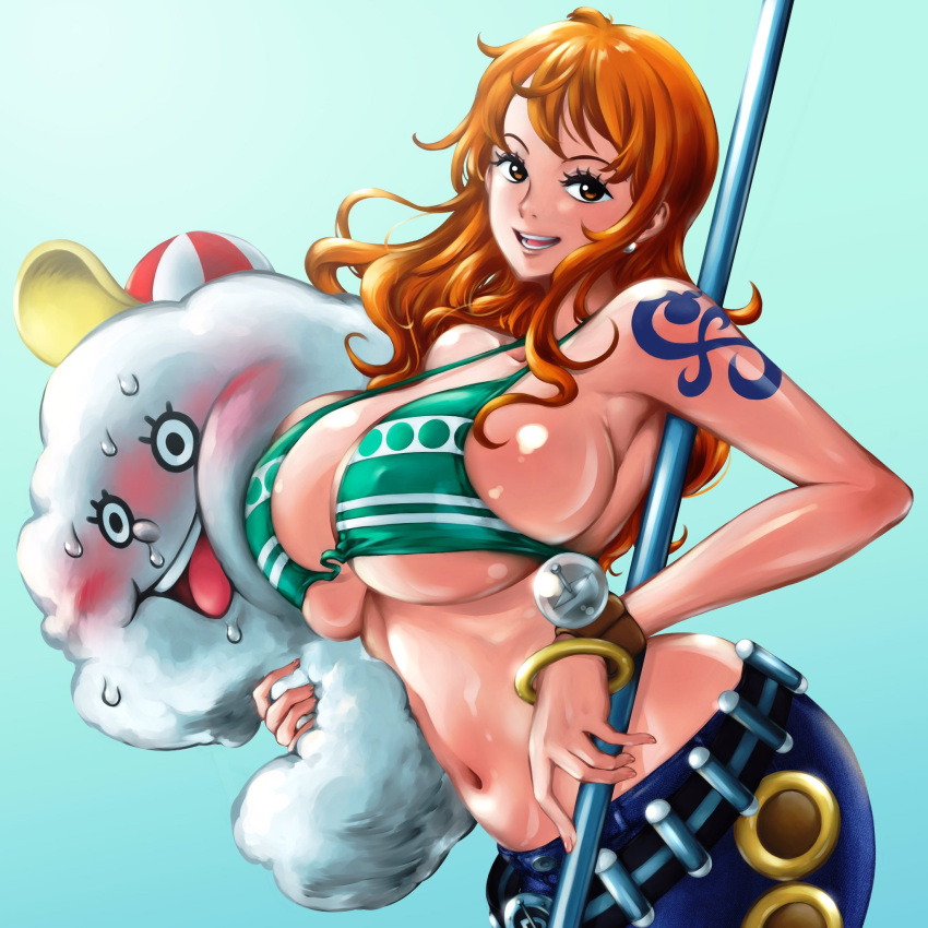 Rule 34 – 1girls 1monster bikini top blush breasts clima-tact cloud female female focus hi res huge breasts jeans kyugata log pose long hair nami one piece orange hair post-timeskip sideboob simple background staff sweat tattoo weapon zeus (one piece) | 7842709