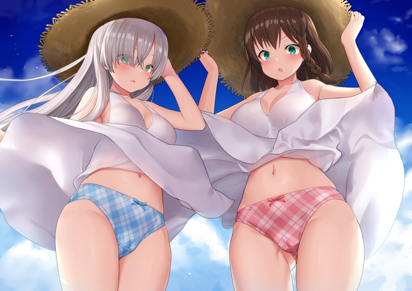 Rule 34 – 2girls :o anastasia (fate) blue panties blue sky bow bow panties braid brown hair cameltoe charlotte corday (fate) clothes lift cloud day dress dress lift embarrassed fate/grand order fate (series) green eyes grey hair hair over eyes hand on headwear hat long hair looking at viewer medium hair multiple girls navel open mouth outdoors panties plaid plaid panties red panties sky standing straw hat sun hat sundress thighs torimaru underwear white dress wind wind lift | 8606118