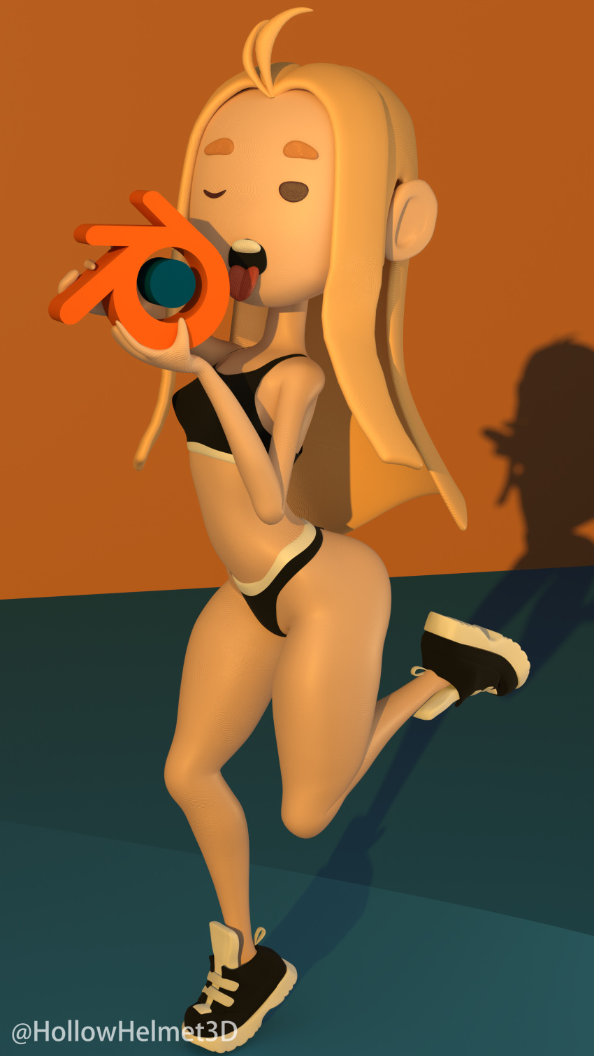 Rule 34 - 3d 3d (artwork) Black Bra Black Panties Black Sneakers Blender  Blonde Female Blonde Hair Brown Eyes Female High Resolution Highres  Hollowhelmet Leg Up Licking Licking Object Long Hair Looking