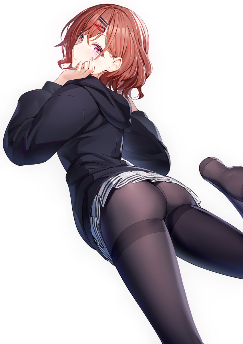 Rule 34 - 1girls Ass Black Hoodie Black Pantyhose Black Sweater Blush  Breasts Brown Hair Feet Fine Fabric Emphasis Foot Out Of Frame Foot Up Hair  Ornament Hairclip Highres Higuchi Madoka Hood