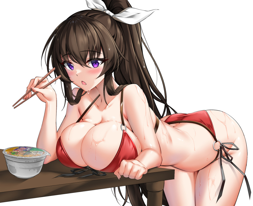 Rule 34 – bare arms bare shoulders bent over bikini black hair blush breast rest breasts chopsticks cleavage clenched hand collarbone counter:side cowboy shot elbow rest elze (s01047480836) female food hair between eyes hair ribbon halterneck hand up high ponytail highres holding holding chopsticks large breasts long hair looking at object noodles o-ring o-ring bikini open mouth purple eyes ramen red bikini ribbon side-tie bikini bottom simple background solo string bikini swimsuit table thighs very long hair wet white background white ribbon yoo mina | 8407150