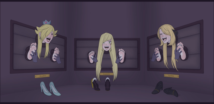 Rule 34 – 3girls black toenails blonde hair blush bondage crying crying with eyes open cynthia (pokemon) feet foot fetish laughing lusamine (pokemon) mario (series) pokemon princess rosalina removed shoes soles stocks sweat tears tickle torture tickling tickling feet toes tied wide eyed wtfeather | 8584392