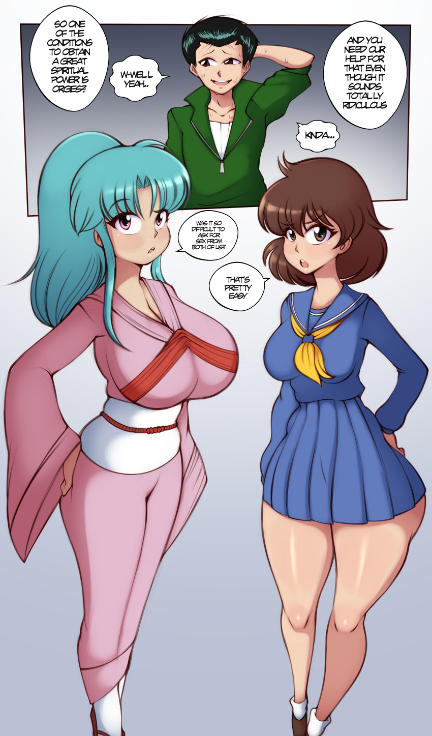 Rule 34 - 1boy 2girls Big Ass Big Breasts Black Hair Blue Hair Botan (yu Yu  Hakusho) Brown Hair English Text Fully Clothed Imminent Sex Keiko Yukimura  Large Ass Large Breasts Saltyxodium