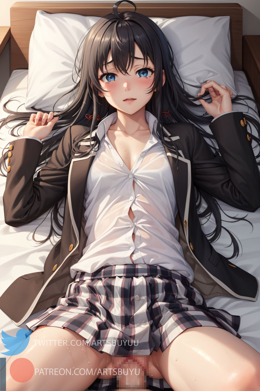 Rule 34 – 1boy 1girls ai generated artsbuyu bangs black hair blue eyes blush checkered embarrassed hair between eyes hi res long hair looking at viewer lying medium breasts missionary position on back parted lips penis pussy sex skirt stable diffusion straight uniform vaginal penetration vaginal penetration white shirt yukinoshita yukino | 8587119