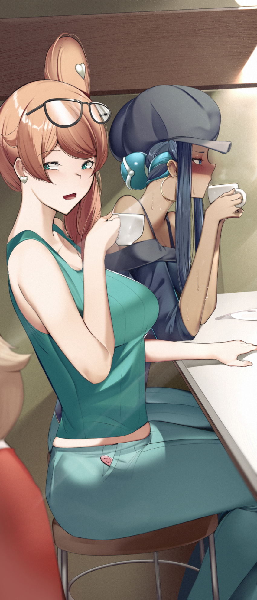 Rule 34 – 2girls black hair black shirt blue eyes blue highlights blue streak bra straps breasts controller cup earrings female female only glasses glasses on head green eyes green tank top hair bun hat heart earrings heart hair ornament highlights (coloring) holding cup hoop earrings jeans large breasts nessa (pokemon) nintendo orange hair pokemon pokemon ss remote control remote control vibrator shirt shoulderless shirt side ponytail sitting on stool sonia (pokemon) stool streaked hair sweat table tank top vibrator vibrator controller vibrator under clothes yuri yuuyuu (yuuki1771) | 7713452