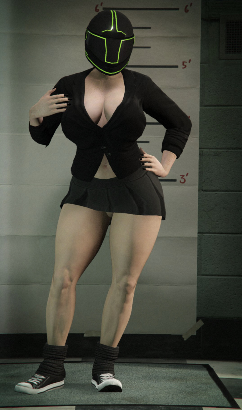 Rule 34 - 3d Cleavage Collarbone Edit Female Only Femsub Grand Theft Auto  Grand Theft Auto Online Gta Online Female Character Gym Shoes Hand On Hip  Helmet Huge Breasts Masked Female Miniskirt