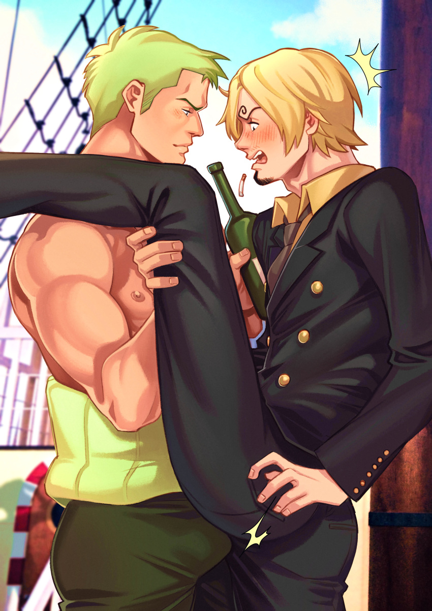 Rule 34 – 2boys ^^^ abs absurd res beer blonde hair blue eyes blue sky blush bulge cigarette curly eyebrows erection gay goatee green hair hair over one eye hi res leg up male only multieleonora muscular one piece open mouth roronoa zoro shocked short hair suit and tie vinsmoke sanji yaoi | 8510049