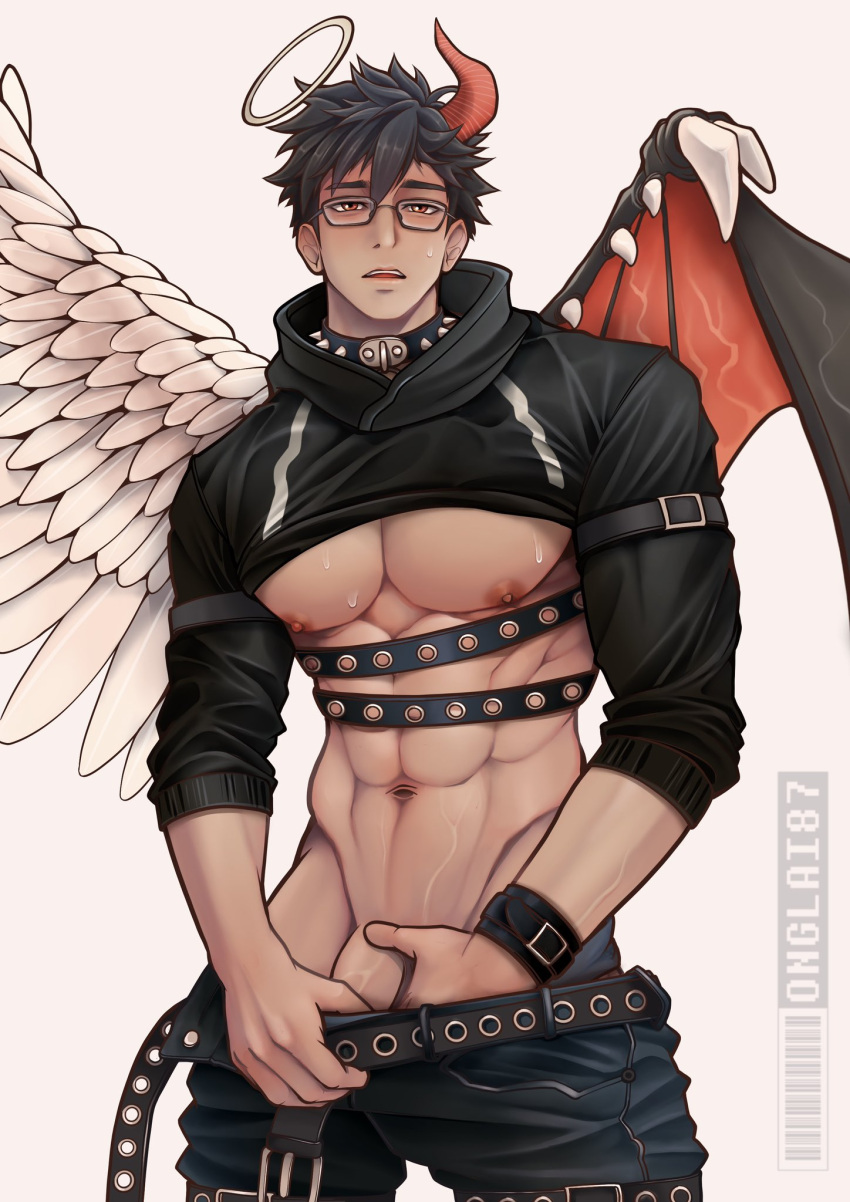 Rule 34 – abs angel wings bara tiddies bara tits belt black clothing blush clothed clothed male commission dark clothing demon horns demon wings devil horns devil wings glasses half angel half demon halo hand in pants hoodie in heat male male nipples male only muscular male oc onglai87 pulling down pants solo spiked collar sweatdrop underpec v-line veins white background | 8570160